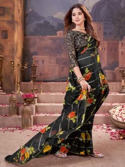 Sareemall - Women's Georgette Black Printed Designer Saree with Unstitched Blouse
