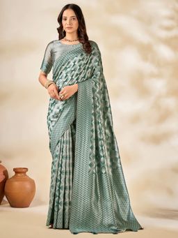 Akhilam - Women's Cotton Blend Green Woven Designer Saree with Unstitched Blouse