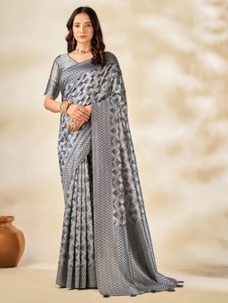 Akhilam - Women's Cotton Blend Navy Blue Woven Designer Saree with Unstitched Blouse