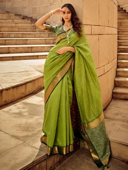 Akhilam - Women's Silk Blend Light Green Printed Designer Saree with Unstitched Blouse