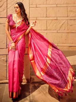 Akhilam - Women's Silk Blend Pink Printed Designer Saree with Unstitched Blouse