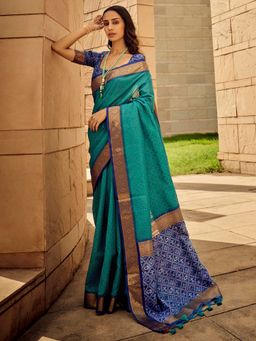 Akhilam - Women's Silk Blend Teal Printed Designer Saree with Unstitched Blouse