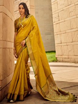 Akhilam - Women's Silk Blend Mustard Printed Designer Saree with Unstitched Blouse