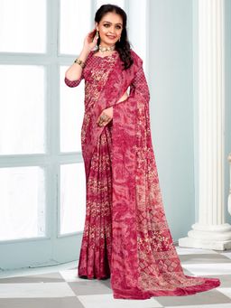 Akhilam - Women's Chiffon Pink Printed Designer Saree with Unstitched Blouse