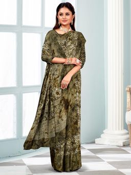 Akhilam - Women's Chiffon Olive Printed Designer Saree with Unstitched Blouse