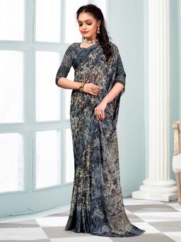 Akhilam - Women's Chiffon Charcoal Grey Printed Designer Saree with Unstitched Blouse