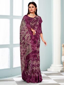 Akhilam - Women's Chiffon Wine Printed Designer Saree with Unstitched Blouse