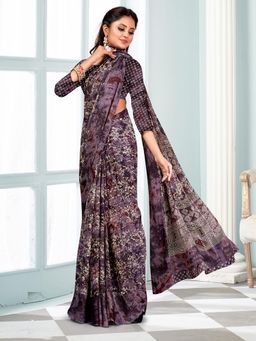 Akhilam - Women's Chiffon Purple Printed Designer Saree with Unstitched Blouse
