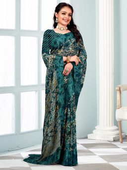 Akhilam - Women's Chiffon Teal Green Printed Designer Saree with Unstitched Blouse