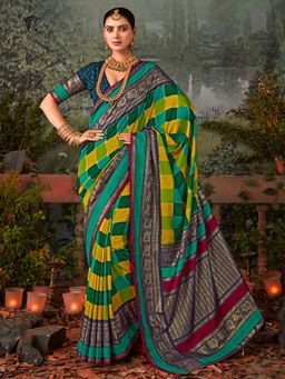Sareemall - Women's Silk Blend Turquoise Printed Designer Saree with Unstitched Blouse