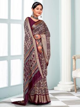 Akhilam - Women's Georgette Wine Printed Designer Saree with Unstitched Blouse