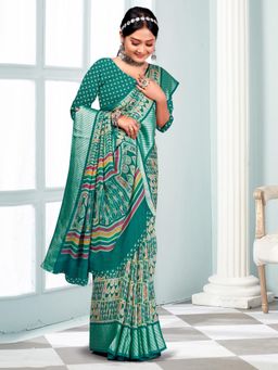 Akhilam - Women's Georgette Green Printed Designer Saree with Unstitched Blouse