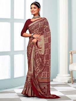 Akhilam - Women's Georgette Maroon Printed Designer Saree with Unstitched Blouse