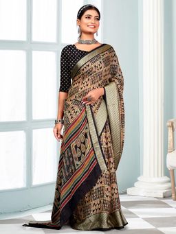 Akhilam - Women's Georgette Black Printed Designer Saree with Unstitched Blouse