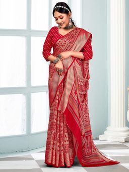 Akhilam - Women's Georgette Red Printed Designer Saree with Unstitched Blouse
