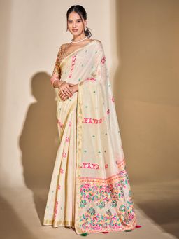 Akhilam - Women's Cotton Blend Off White Woven Designer Saree with Unstitched Blouse