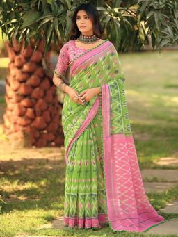 Sareemall - Women's Cotton Blend Light Green Printed Designer Saree with Unstitched Blouse