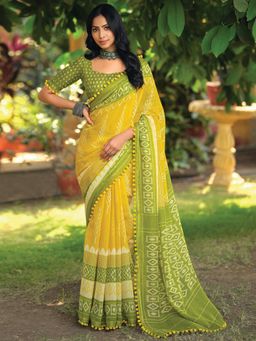 Sareemall - Women's Cotton Blend Yellow Printed Designer Saree with Unstitched Blouse