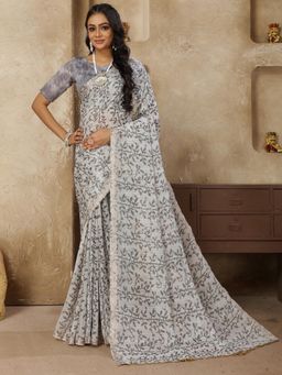 Akhilam - Women's Dola Silk Off White Printed Designer Saree with Unstitched Blouse