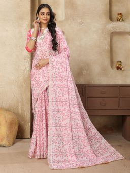 Akhilam - Women's Dola Silk Pink Printed Designer Saree with Unstitched Blouse