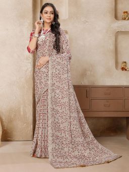 Akhilam - Women's Dola Silk Rose Gold Printed Designer Saree with Unstitched Blouse