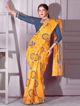 Sareemall - Women's Cotton Mustard Printed Designer Saree with Unstitched Blouse