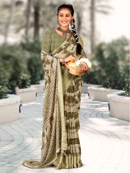 Akhilam - Women's Georgette Olive Printed Designer Saree with Unstitched Blouse