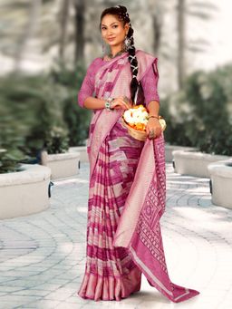 Akhilam - Women's Georgette Pink Printed Designer Saree with Unstitched Blouse