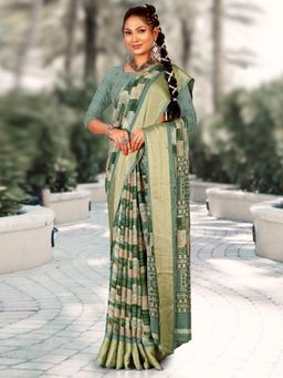 Akhilam - Women's Georgette Sea Green Printed Designer Saree with Unstitched Blouse