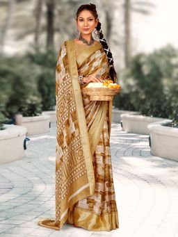 Akhilam - Women's Georgette Camel Brown Printed Designer Saree with Unstitched Blouse