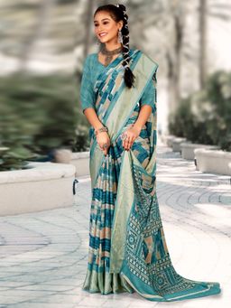 Akhilam - Women's Georgette Teal Printed Designer Saree with Unstitched Blouse