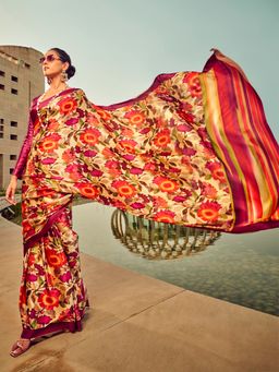 Akhilam - Women's Satin Silk Beige Printed Designer Saree with Unstitched Blouse