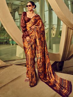 Akhilam - Women's Satin Silk Brown Printed Designer Saree with Unstitched Blouse