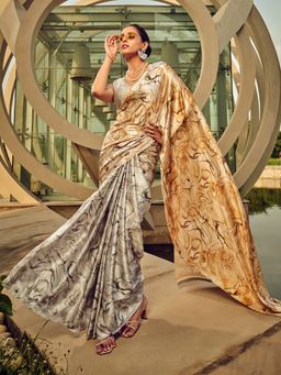 Akhilam - Women's Satin Silk Silver Printed Designer Saree with Unstitched Blouse