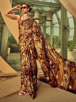 Akhilam - Women's Satin Silk Beige Printed Designer Saree with Unstitched Blouse