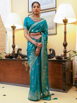 Akhilam - Women's Satin Silk Turquoise Woven Designer Saree with Unstitched Blouse