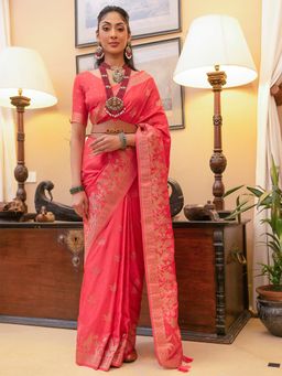 Akhilam - Women's Satin Silk Coral Woven Designer Saree with Unstitched Blouse