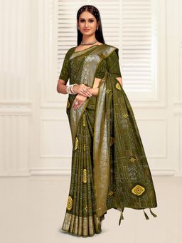 Akhilam - Women's Dola Silk Olive Printed Designer Saree with Unstitched Blouse