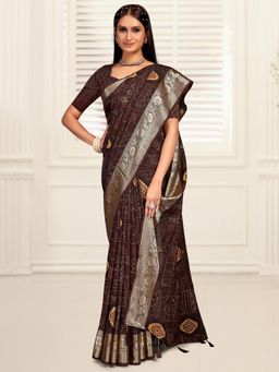 Akhilam - Women's Dola Silk Brown Printed Designer Saree with Unstitched Blouse
