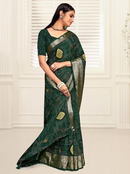 Akhilam - Women's Dola Silk Green Printed Designer Saree with Unstitched Blouse