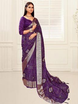 Akhilam - Women's Dola Silk Purple Printed Designer Saree with Unstitched Blouse