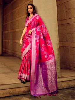 Akhilam - Women's Satin Silk Pink Woven Designer Saree with Unstitched Blouse