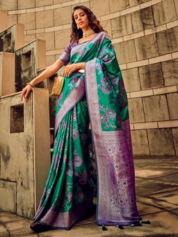 Akhilam - Women's Satin Silk Teal Green Woven Designer Saree with Unstitched Blouse