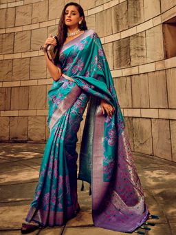 Akhilam - Women's Satin Silk Teal Woven Designer Saree with Unstitched Blouse