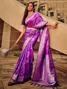 Akhilam - Women's Satin Silk Purple Woven Designer Saree with Unstitched Blouse
