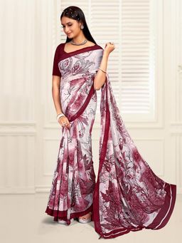 Akhilam - Women's Georgette Maroon Printed Designer Saree with Unstitched Blouse