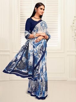 Akhilam - Women's Blue Georgette Printed Designer Saree with Unstitched Blouse