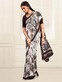 Akhilam - Women's Georgette Brown Printed Designer Saree with Unstitched Blouse