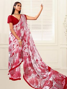 Akhilam - Women's Georgette Red Printed Designer Saree with Unstitched Blouse