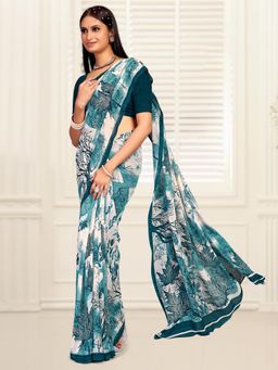 Akhilam - Women's Georgette Teal Printed Designer Saree with Unstitched Blouse